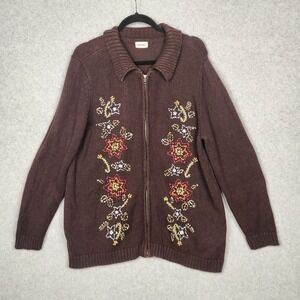 Cherokee Sweater Womens Large Brown Zip Up Floral Embroidered Knit Boho Cardigan